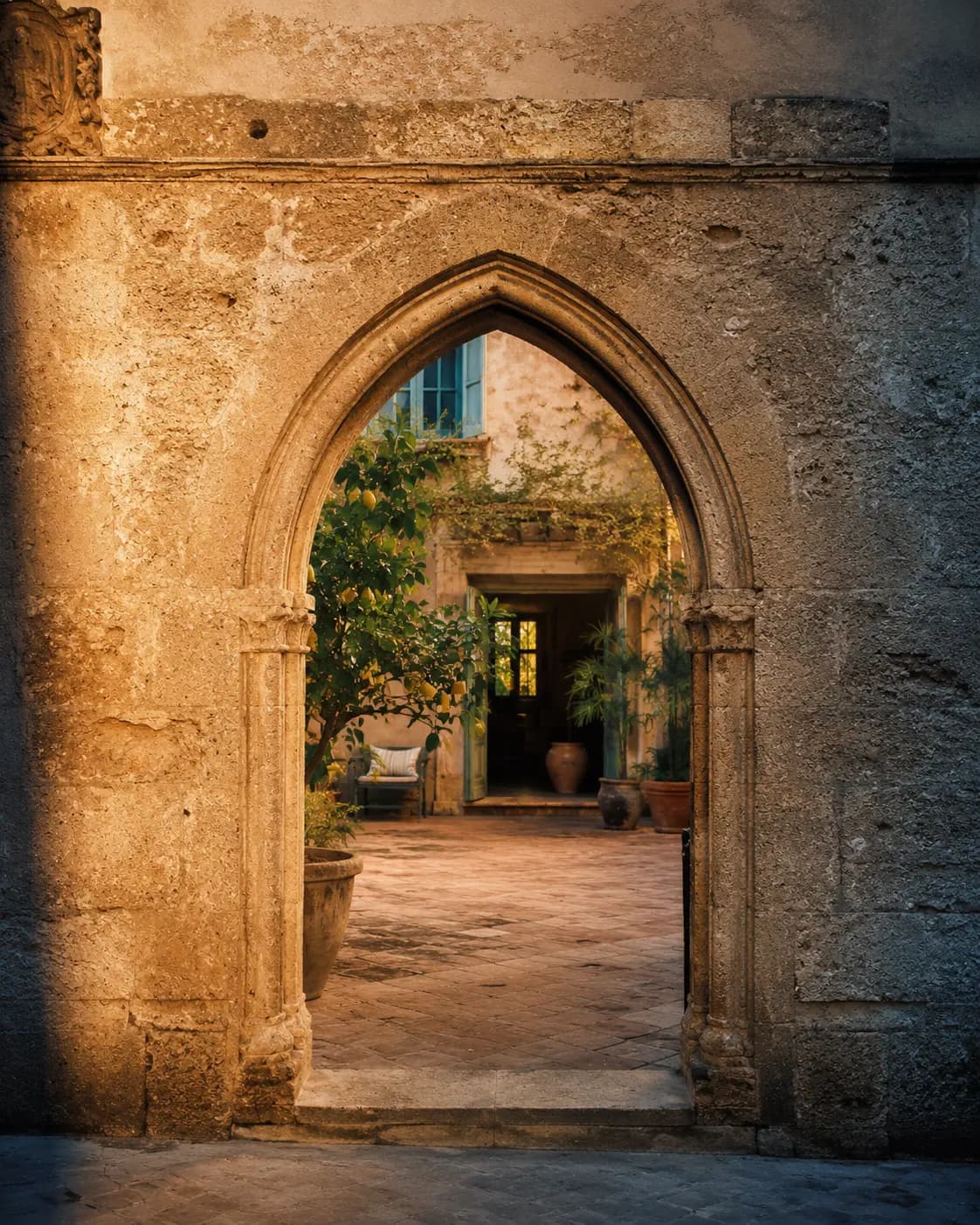 Un arco arabo-normanno illuminato dal sole nel centro storico di Palermo, pietra calda e ombra pomeridiana