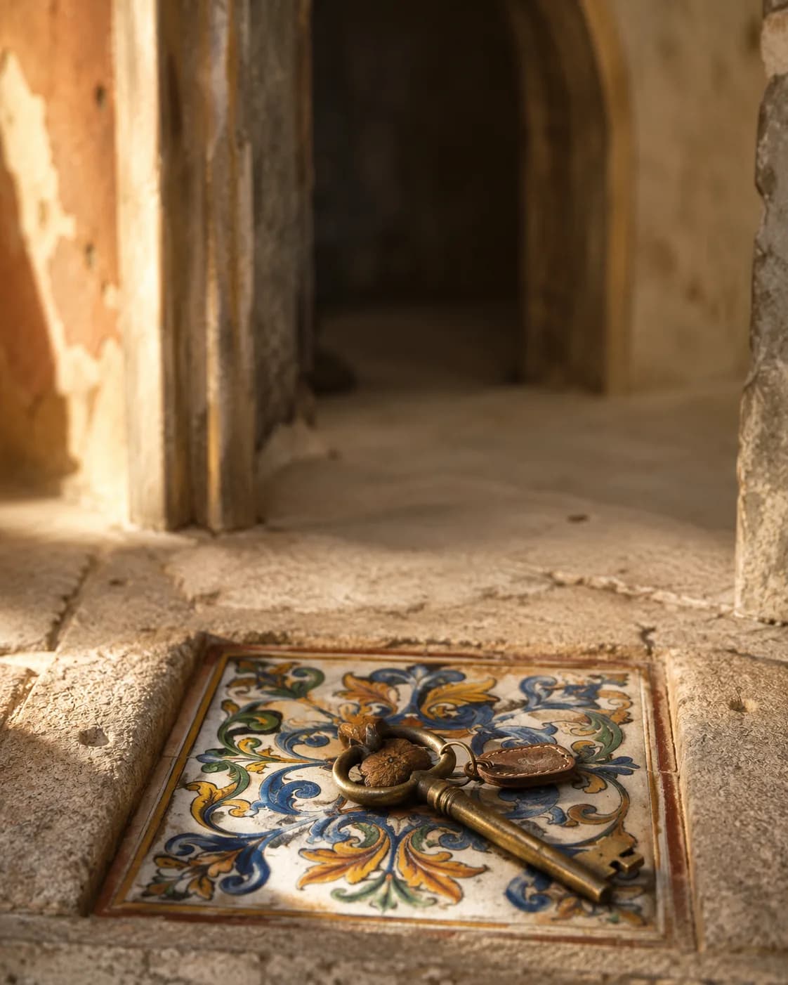 Una chiave in ottone su una maiolica dipinta a mano accanto a una porta ad arco