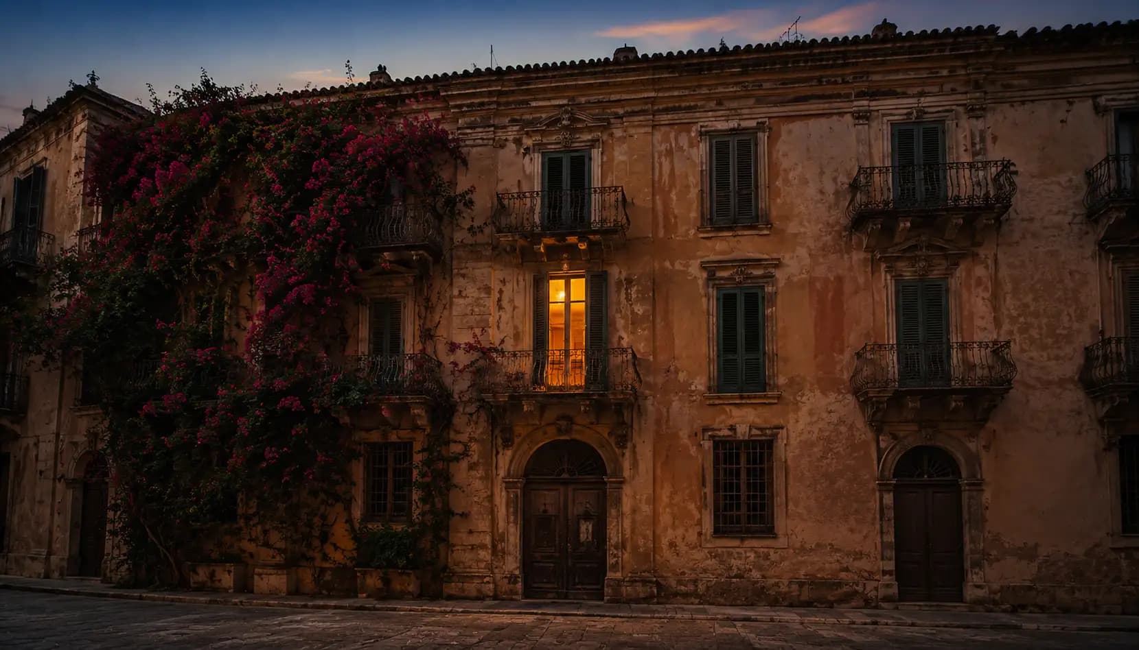 Una facciata di palazzo storico a Palermo al tramonto, balconi in ferro battuto e una finestra illuminata
