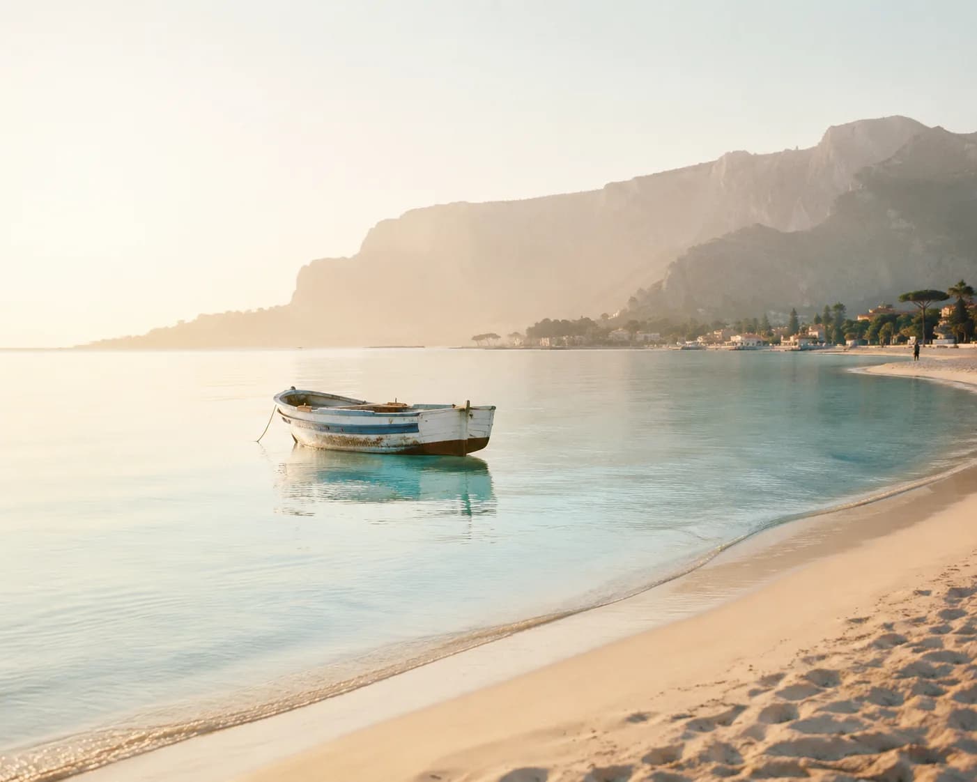 La spiaggia di Mondello all'alba, acqua turchese e una barca da pesca bianca e blu